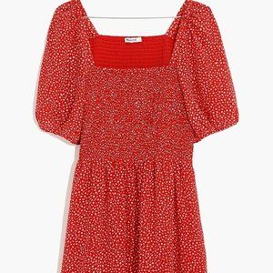 Madewell Silk Lucie Puff-Sleeve Smocked Mini Dress in Park Picnic